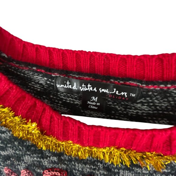 United States Sweaters Holiday Cat Ugly Christmas Sweater M Gray Red Festive Kni - Picture 3 of 7